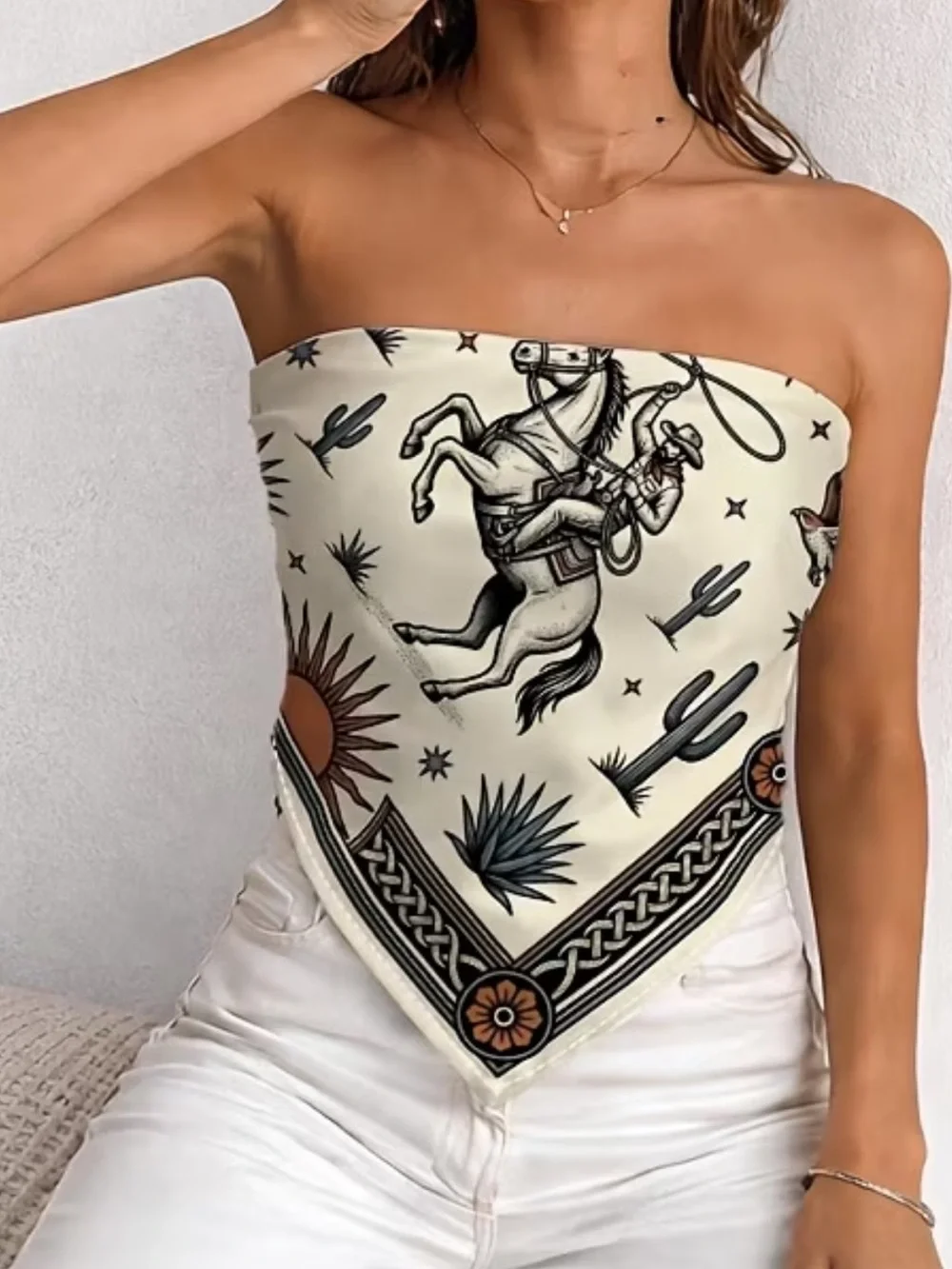 Western Cowboy Print Satin Scarf - Cream and Brown